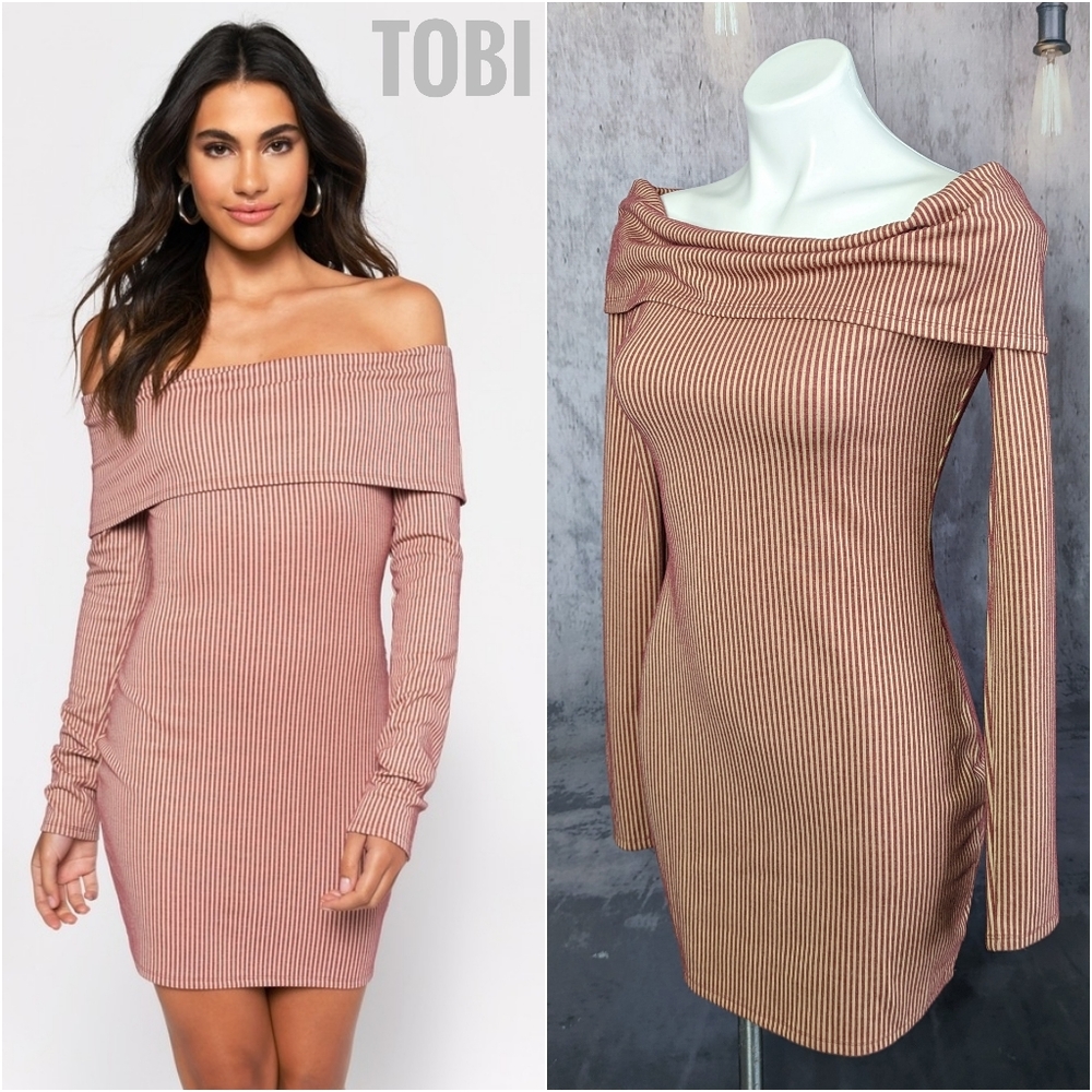 Tobi Aria Wine off shoulder bodycon dress, wine red stripe, size Medium